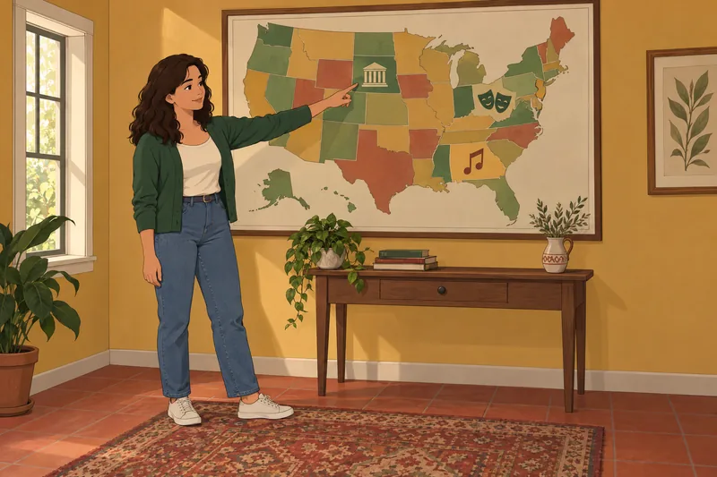 American Culture Quiz: learner studies a wall map.