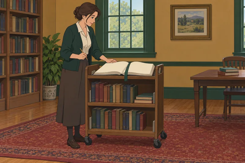 American Literature Quiz shows a librarian sorting books.