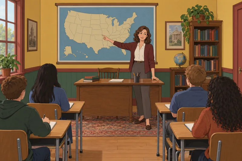 American Quiz: a teacher studies a U.S. map.