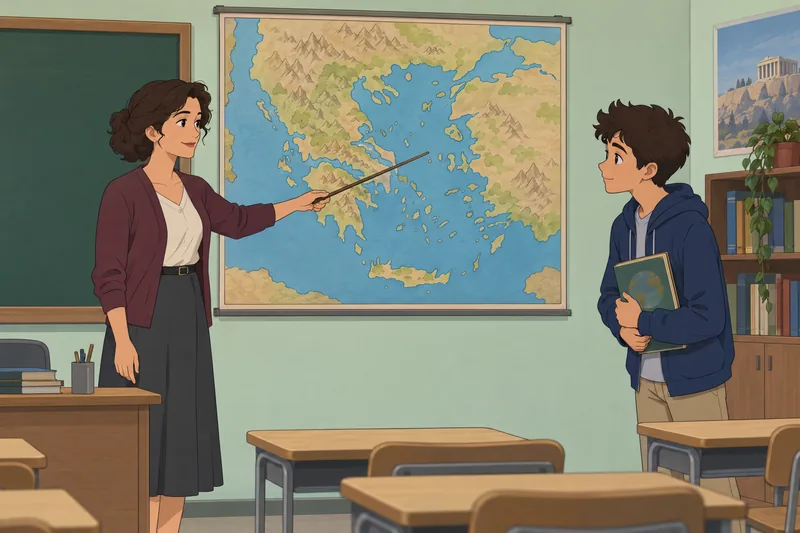 Ancient Greece Map lesson beside a wall map.