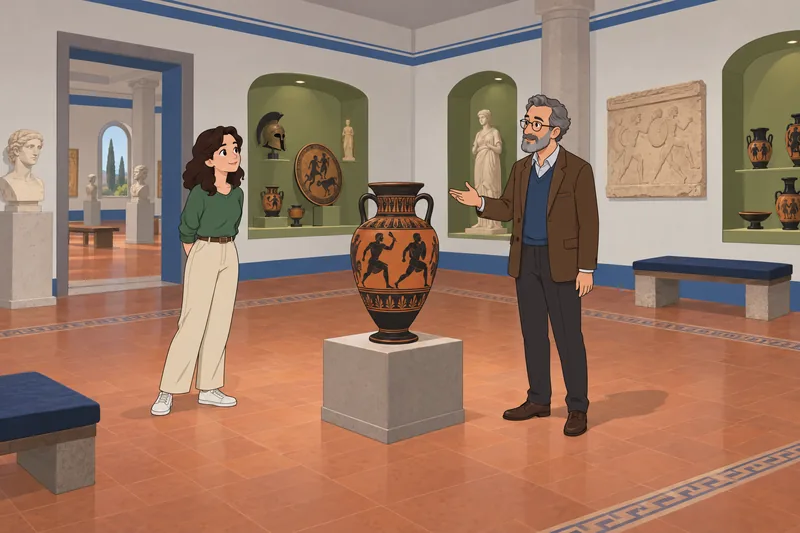 Ancient Greece Quiz stands beside an amphora.