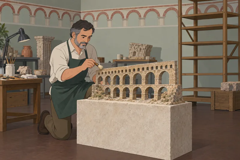 Ancient Rome Quiz: Conservator inspects an aqueduct model.
