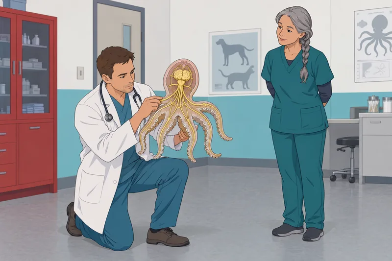Animal Brain Quiz examines an octopus brain model.