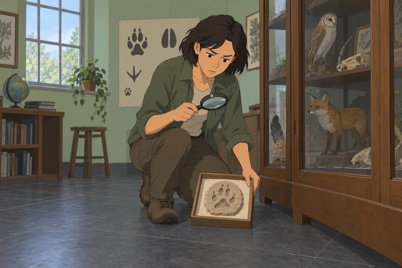 Animal Identification Quiz: a learner studies fox tracks.