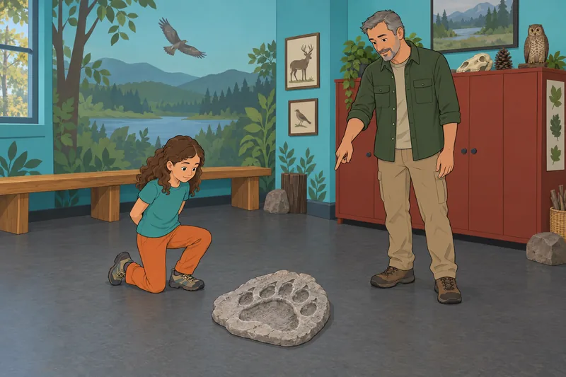 Animal Quiz for children: examining an animal footprint.