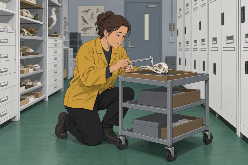 Animal Skull Identification: curator studies a gull skull.