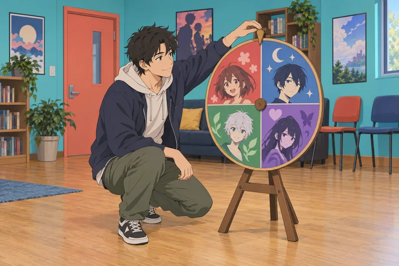 Anime Character Quiz beside a spinning profile wheel.