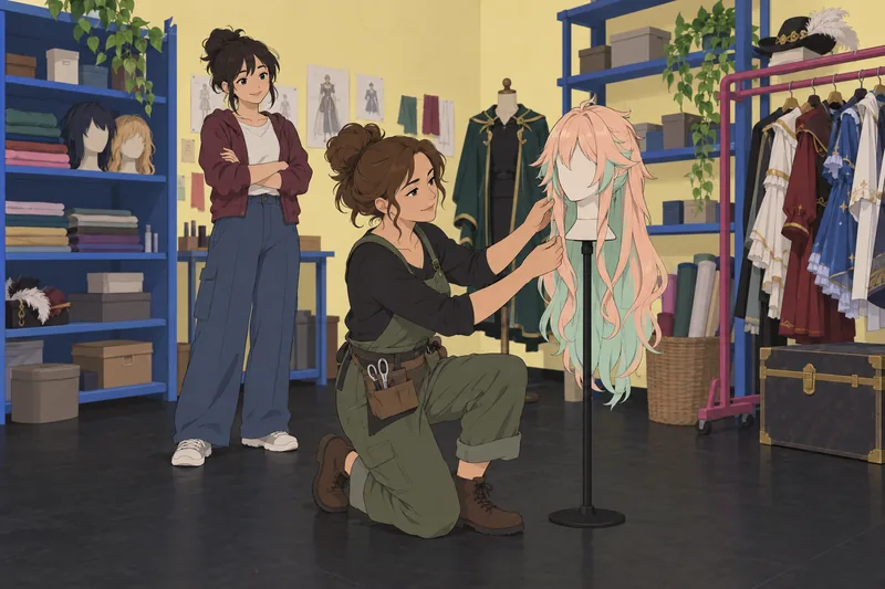 Anime Hair Color shapes a workshop wig.