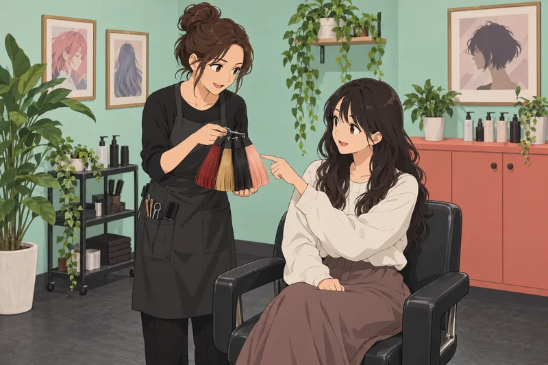 Anime Hair Color options fill a salon consultation.
