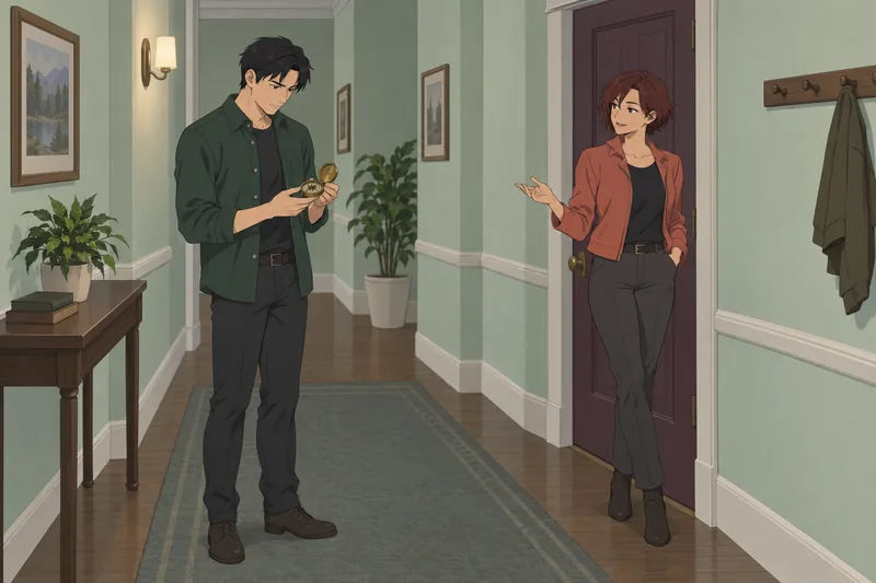 Quiz de anime: conversación serena en la puerta.