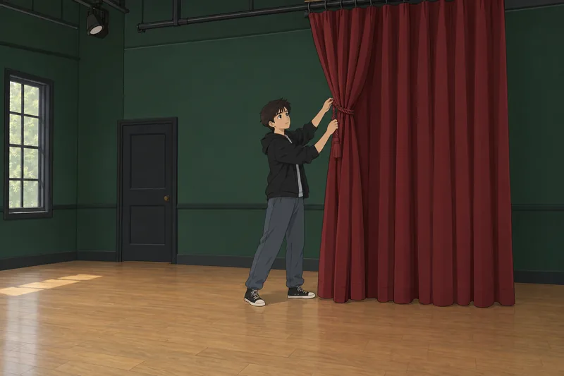 Anne Frank Quiz: performer adjusts the stage curtain.