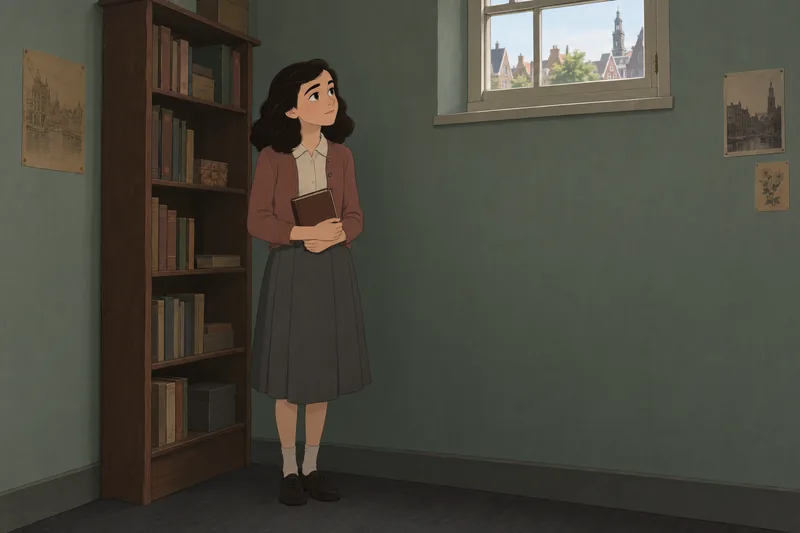 Anne Frank Quiz: Anne holds a closed diary.