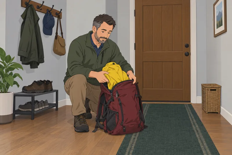 Anticipatory Competence Test: worker packs a rain-ready backpack.