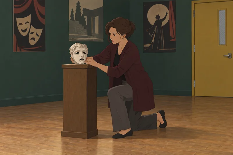 Antigone Quiz: a teacher studies a Greek mask.