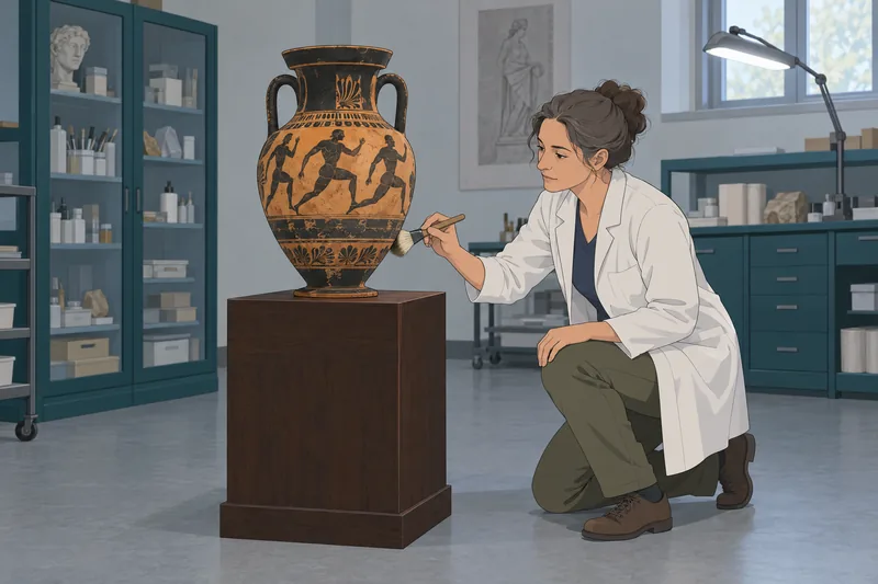 AP Art History curator examines an ancient amphora.