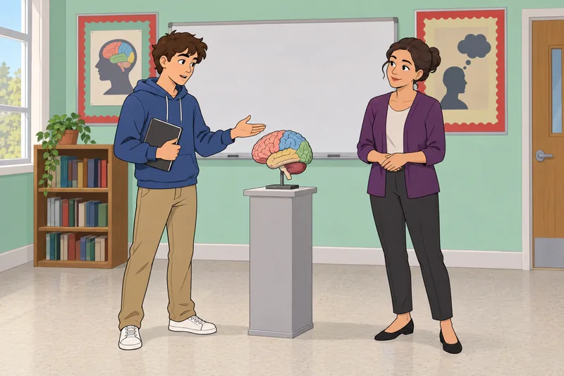 AP Psych Quiz: student studies a brain model.