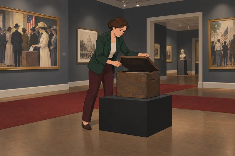 APUSH Quiz curator examines a historic ballot box.