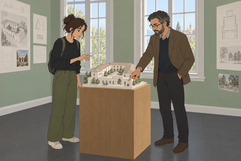 Architecture Quiz shows a student studying a model.