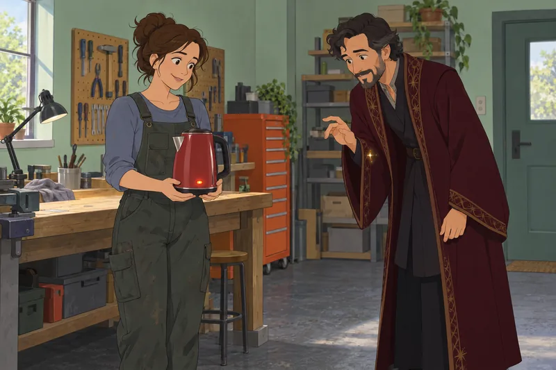 cuestionario ¿Eres muggle: Dos adultos reparan un hervidor.