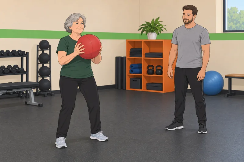 Are You Fit? Woman raises a medicine ball.