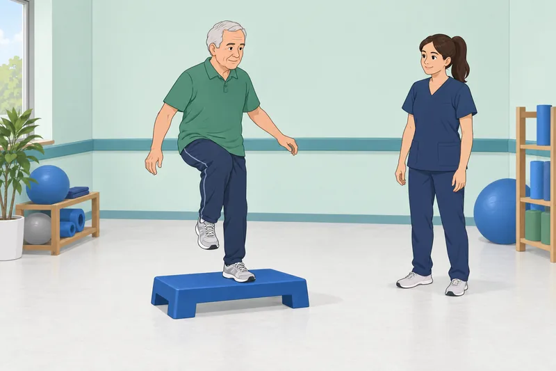 Are You Fit? Older adult uses a step.