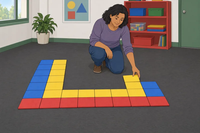 Area Quiz shows an adult arranging square tiles.