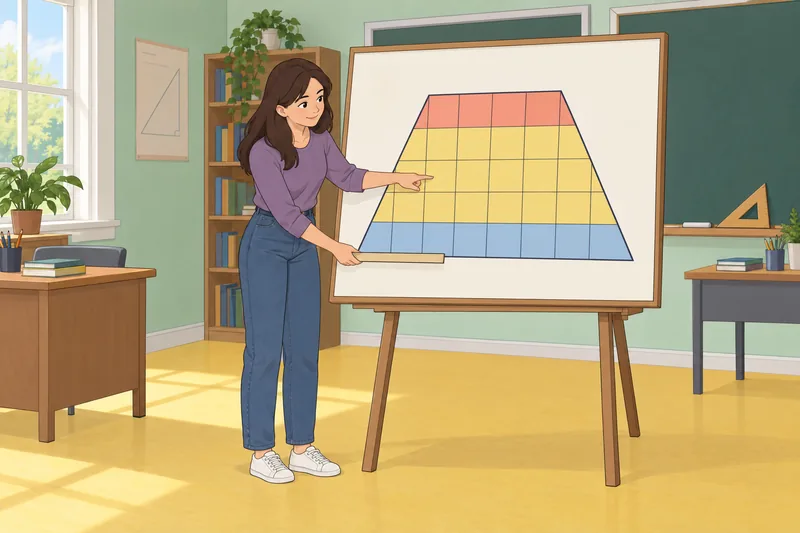 Area Quiz shows a student measuring a trapezoid.