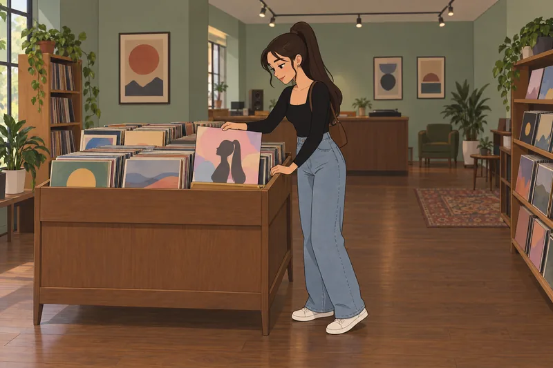 En cuestionario sobre Ariana, una fan revisa vinilo.