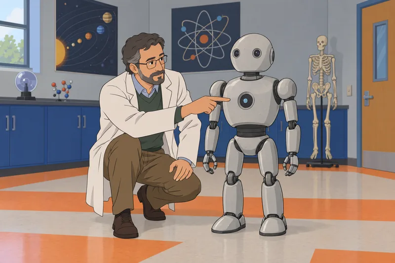 Asimov Quiz: teacher examines an educational robot.