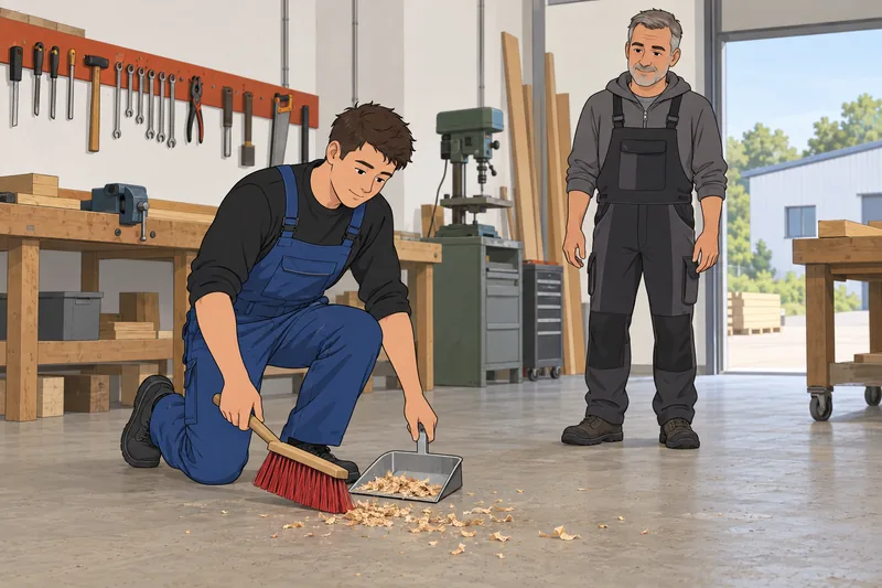 Moral Development Assessment shows an apprentice sweeping shavings.