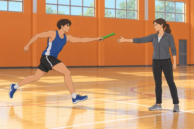Attitude Toward the runner rehearses a baton handoff.