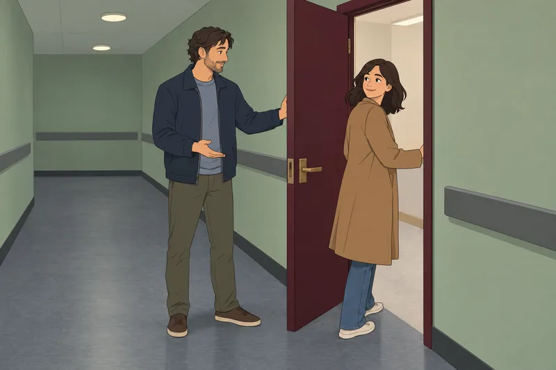 actitud hacia la: visitante ante la puerta.