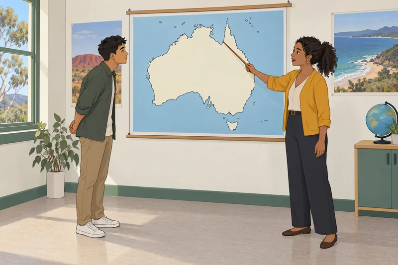 Aussie Quiz: A teacher studies an Australian map.