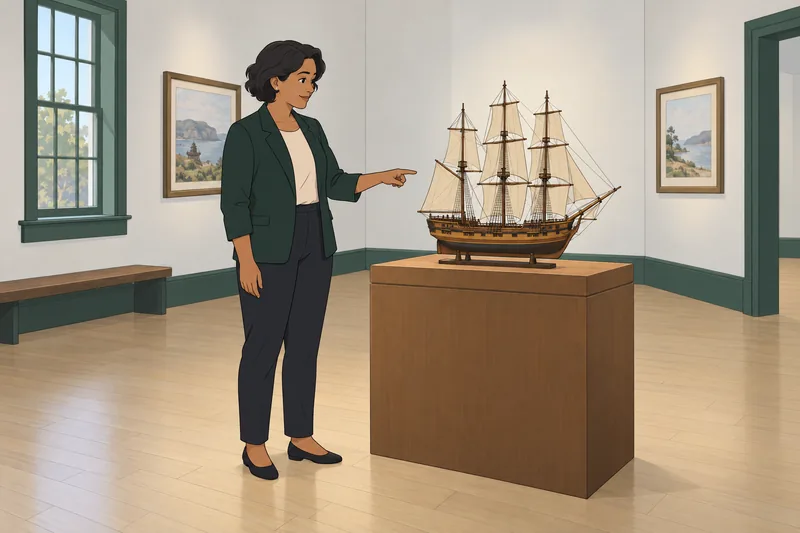 Australian History Quiz: curator studies a ship model.