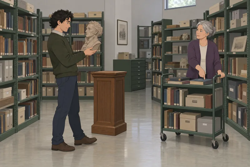 Author Quiz: a visitor studies a character bust.