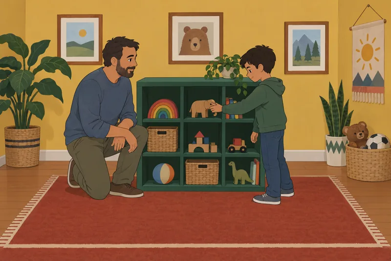 Autism Spectrum Screening: a boy organizes wooden animals.