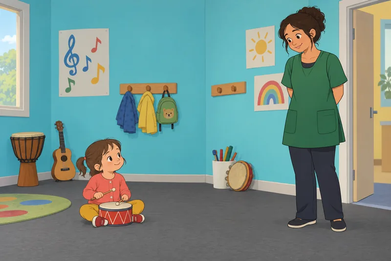 Autism Symptoms in music room: girl taps drum.