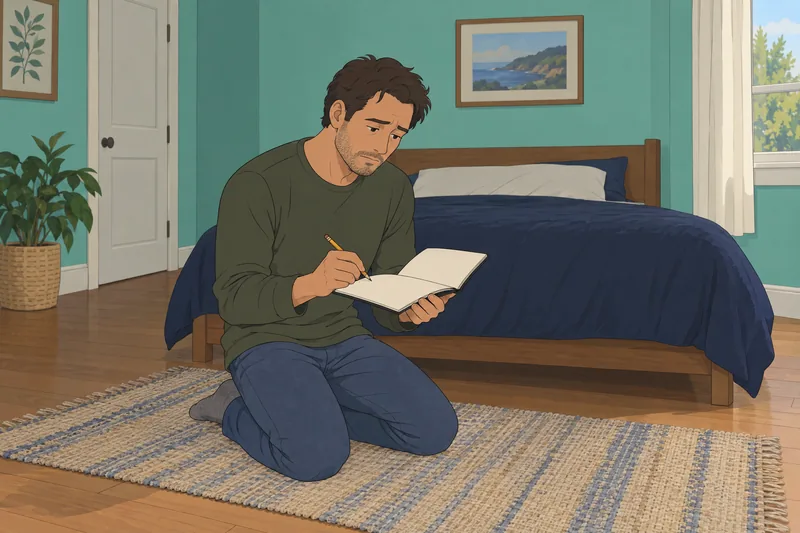 Automatic Thoughts Questionnaire: journaling pauses beside a bed.