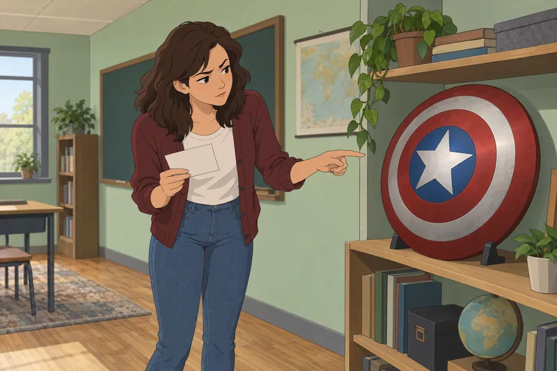 Avenger Quiz: a learner studies a matte shield.