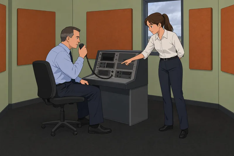 Aviation Alphabet Quiz at a radio console.