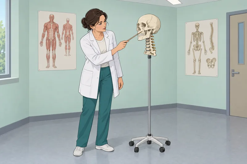 Axial Skeleton Quiz examines a skull model.