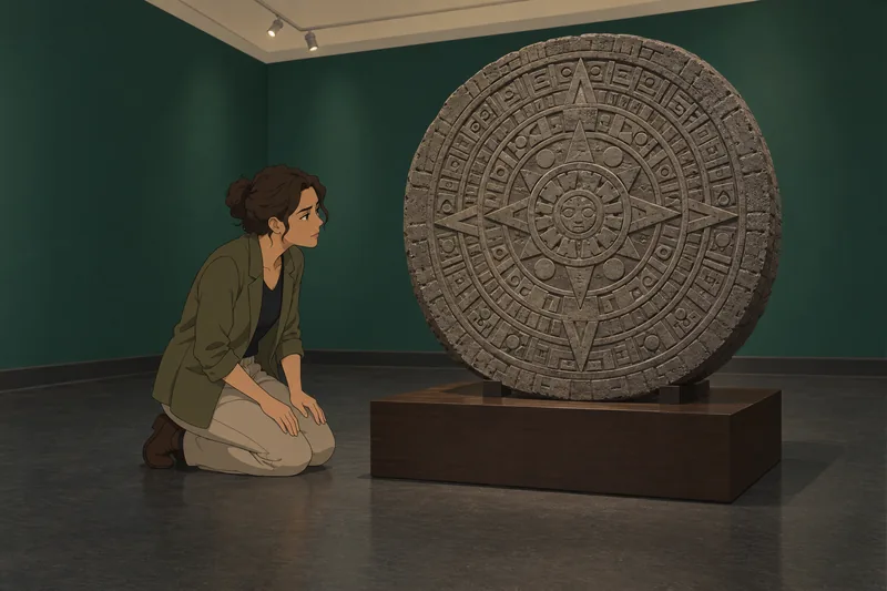 Aztec Quiz shows a curator studying a disk.