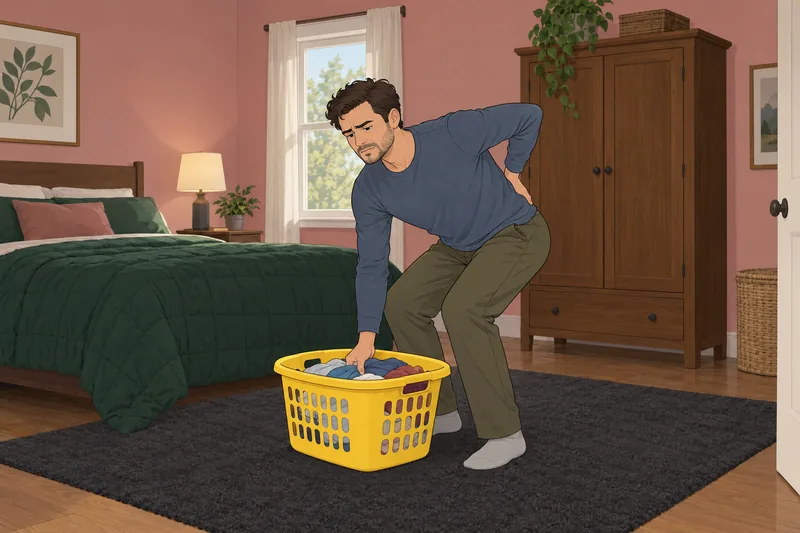 Back Pain Quiz shows a careful laundry lift.