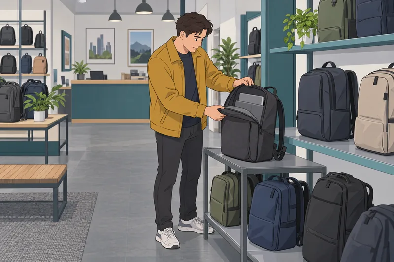 Backpack Quiz: a commuter checks a slim backpack.