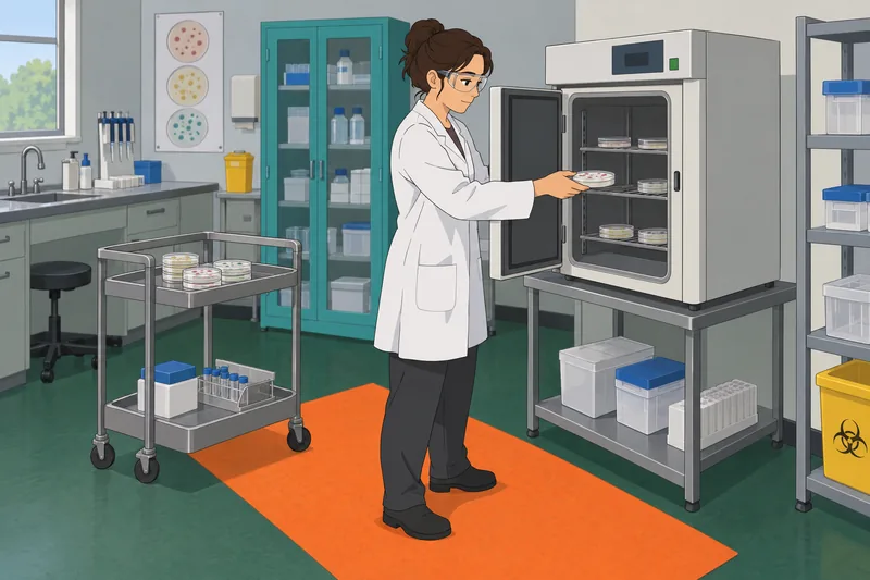 Bacteria Quiz shows a technician loading an incubator.