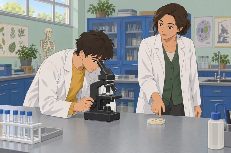 Bacteria Quiz shows a student studying a microscope.