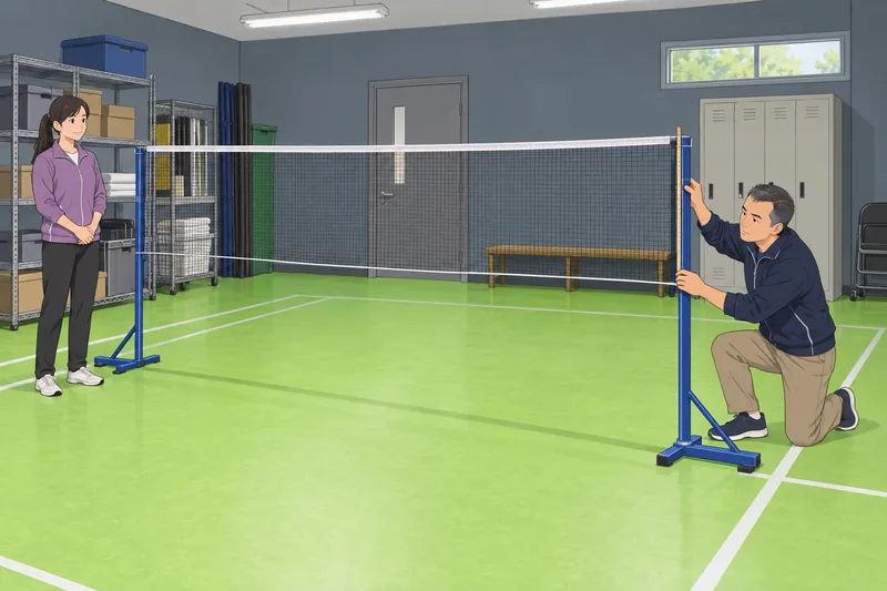 Badminton Quiz shows officials checking a net.