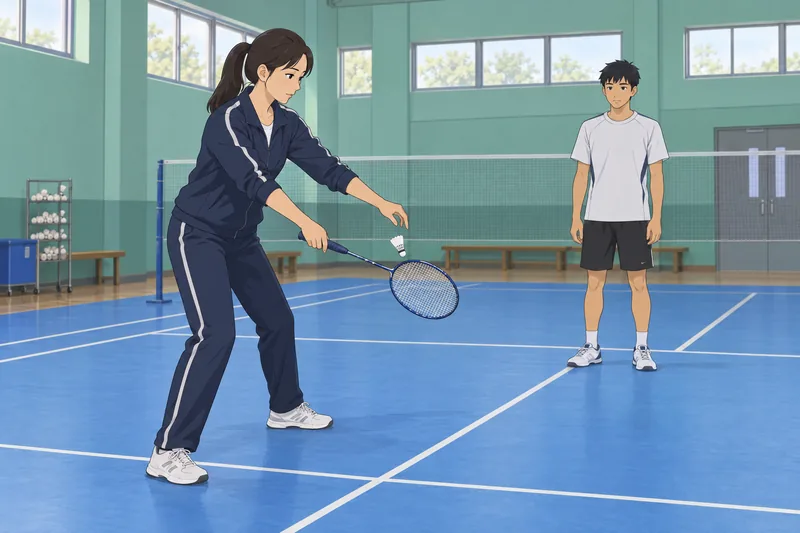 Badminton Quiz shows a coach demonstrating a serve.