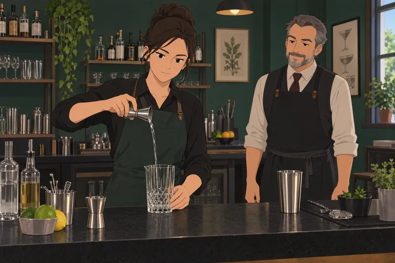 Bartender Quiz shows a trainee measuring a drink.