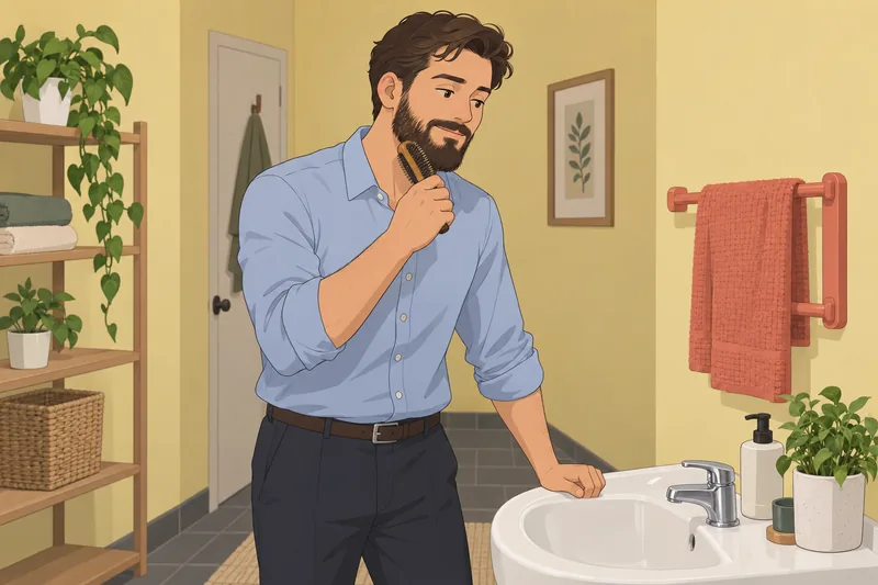 Beard Quiz shows daily brushing at a sink.